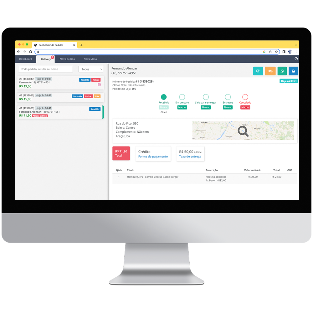Painel de pedidos da Del Match Delivery